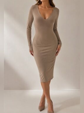 Forever 21 Nude Bodycon Double Deep V Dress Lined Small